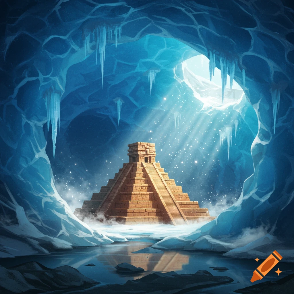 An ancient Aztec temple stands in a radiant ice cave, illuminated by sunbeams filtering through a hole in the glacial ceiling, with icicles hanging down.