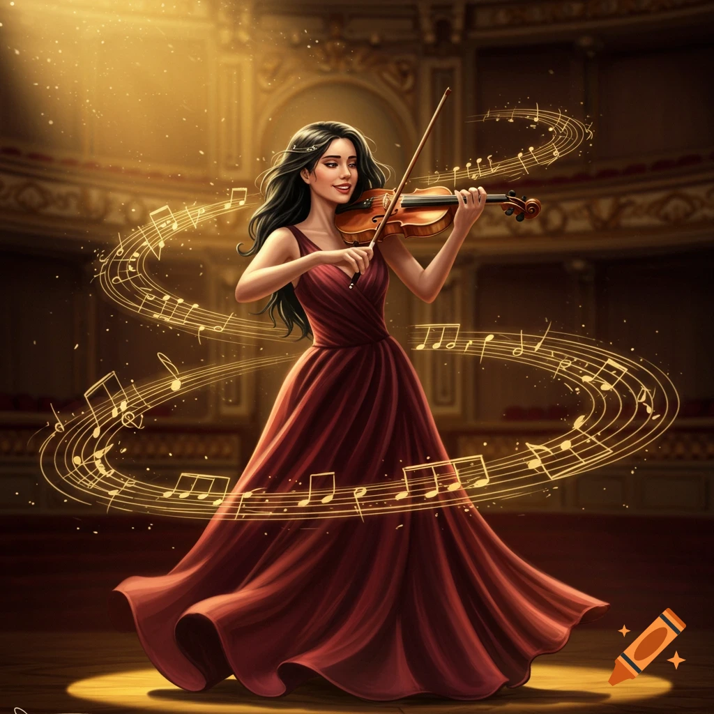 An attractive female violinist in a red gown plays violin on a spotlighted stage, surrounded by glowing musical notes.