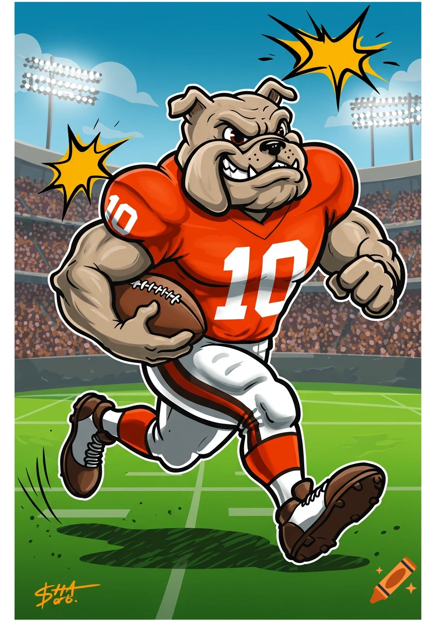 Retro cartoon of a muscular bulldog football mascot in an orange #10 uniform, running with a football in a stadium.