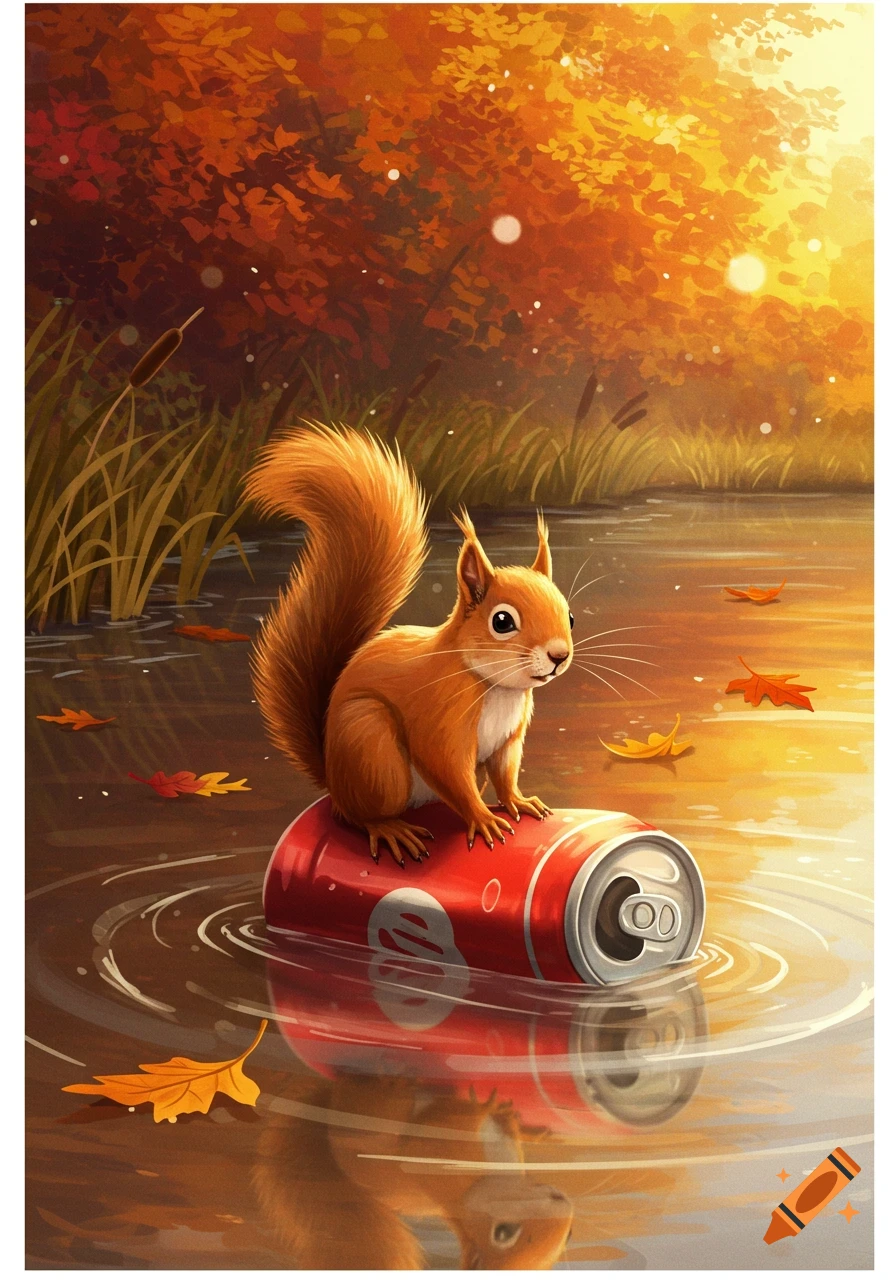 An artistic depiction of a squirrel sitting on a red soda can floating in a river with autumn leaves.