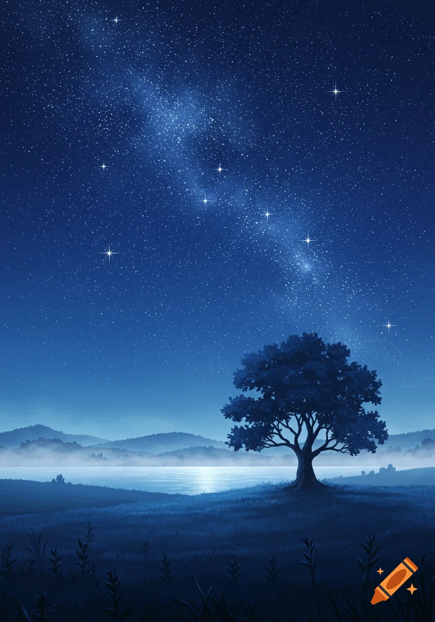 A serene blue night landscape with a lone tree silhouetted against a shimmering lake under a brilliant starry sky and Milky Way.