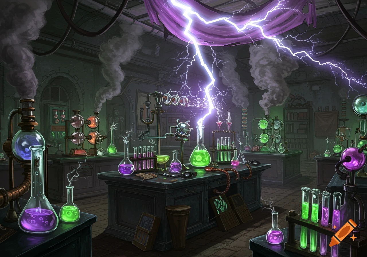 A dark, intricate mad science laboratory filled with glowing green and purple beakers, test tubes, and equipment, illuminated by purple lightning striking a central flask.