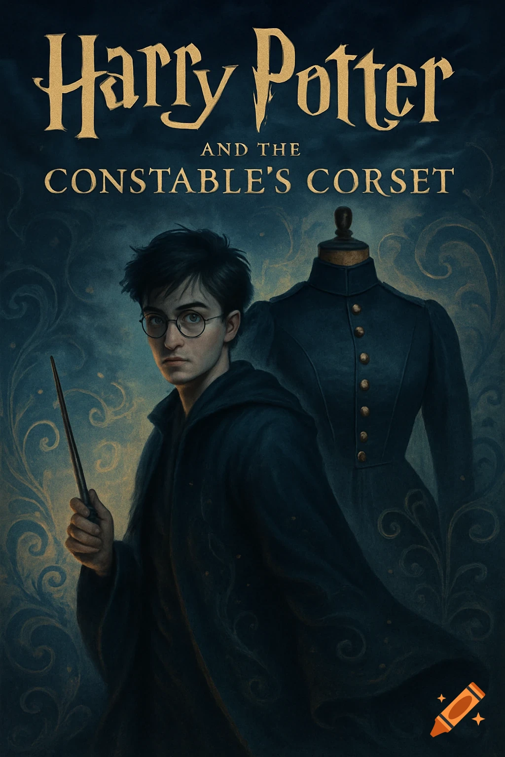 An illustrative book cover featuring a young man resembling Harry Potter with a wand, standing before a dress form, under the title 'Harry Potter and the Constable's Corset'.