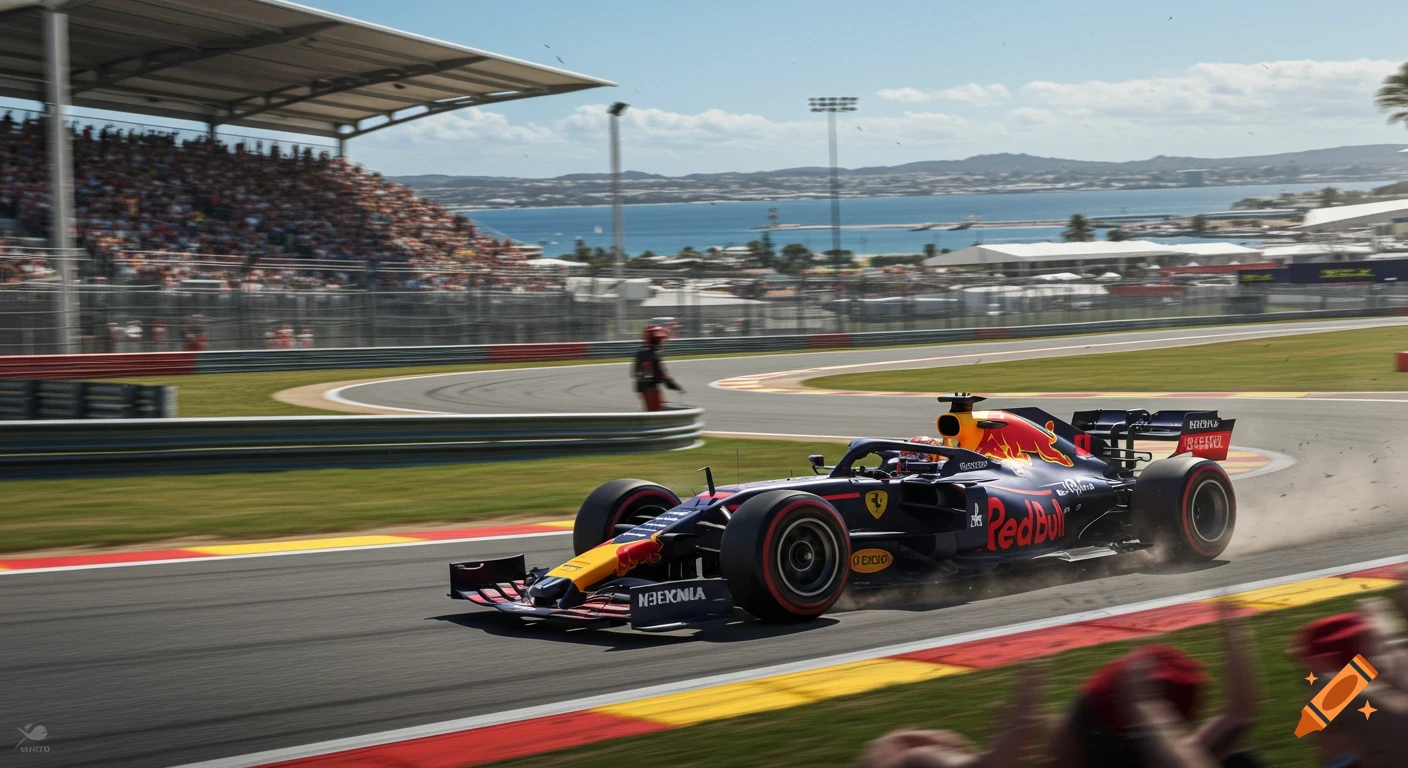A photorealistic image of a Red Bull F1 race car speeding around a turn on a track, with spectators in grandstands and a body of water in the background under a blue sky.