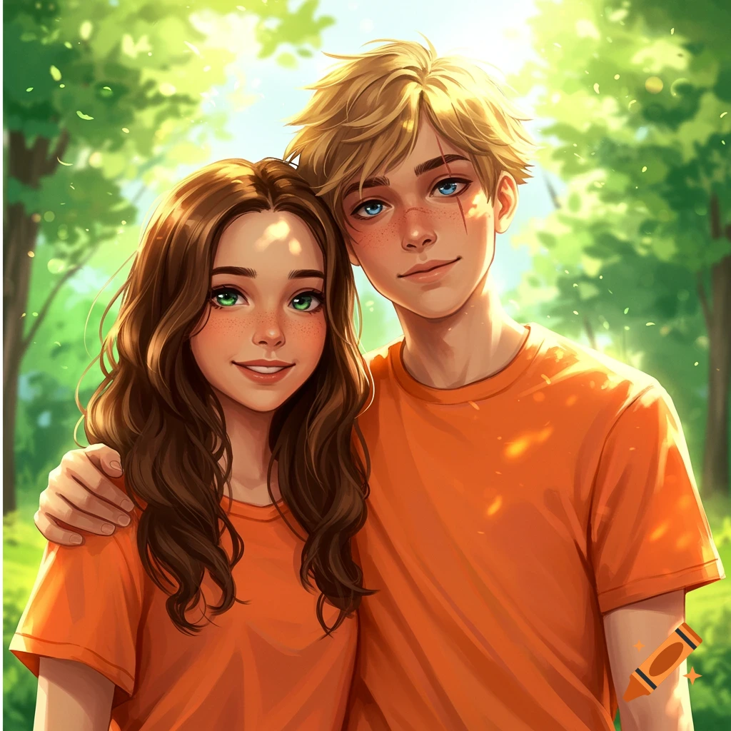 A smiling boy with blonde hair and a girl with brown hair in orange t-shirts stand together in a sunny forest, in an anime style.