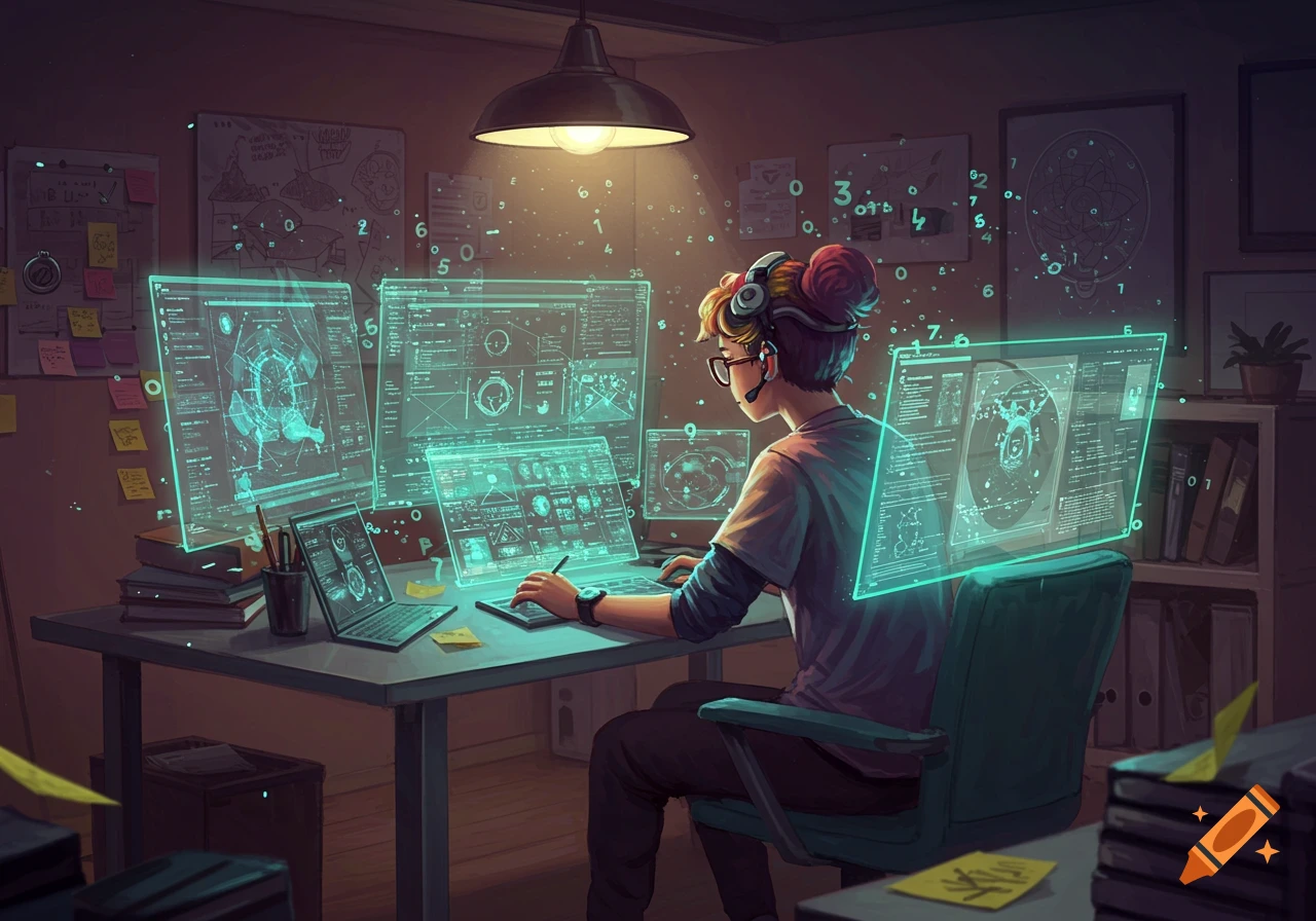 A person with headphones and glasses sits at a desk, illuminated by a lamp, working on multiple holographic computer screens displaying data and numbers in a dimly lit room.