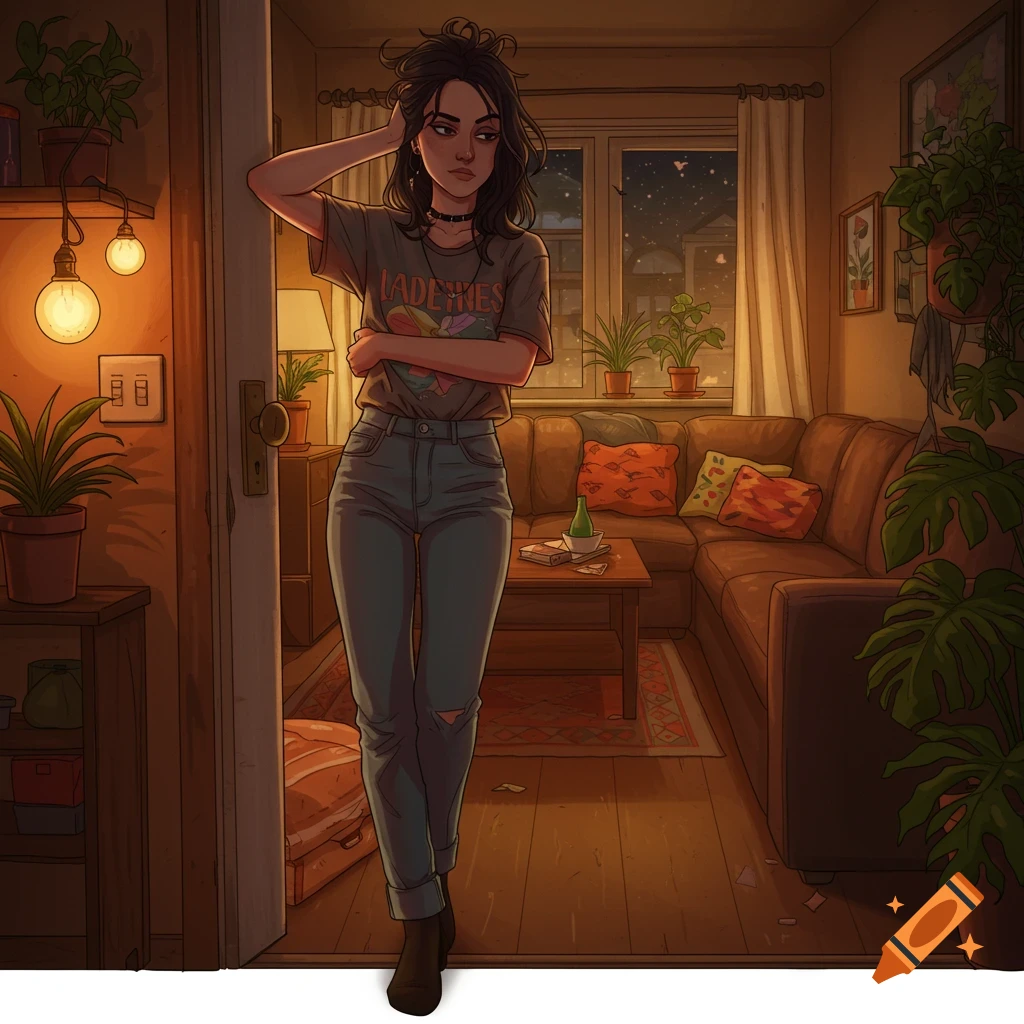 A young woman with dark hair stands in a doorway of a cozy, plant-filled room, looking condescendingly.