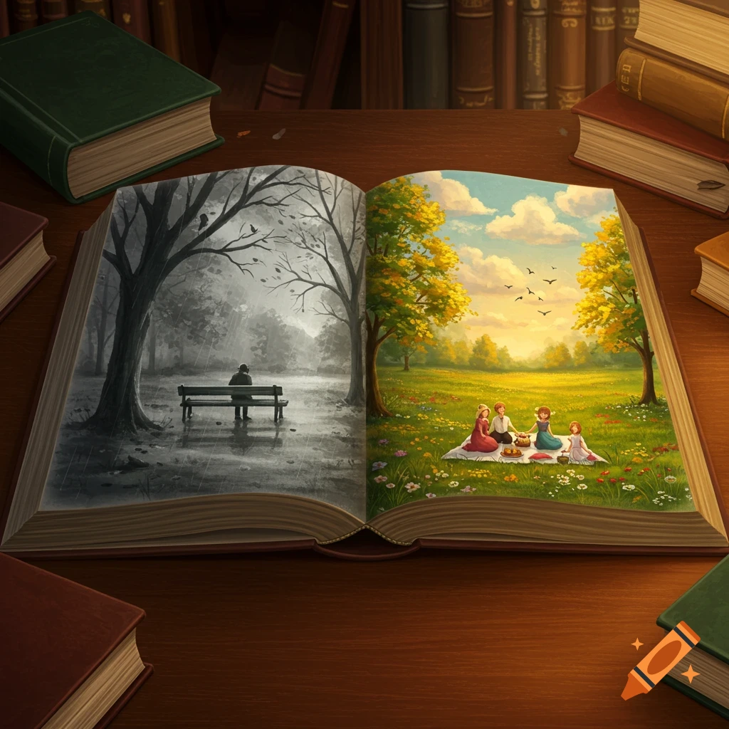 An open book displays two contrasting illustrations: a grayscale rainy park with a lone figure and a vibrant, sunny field with a picnicking family.