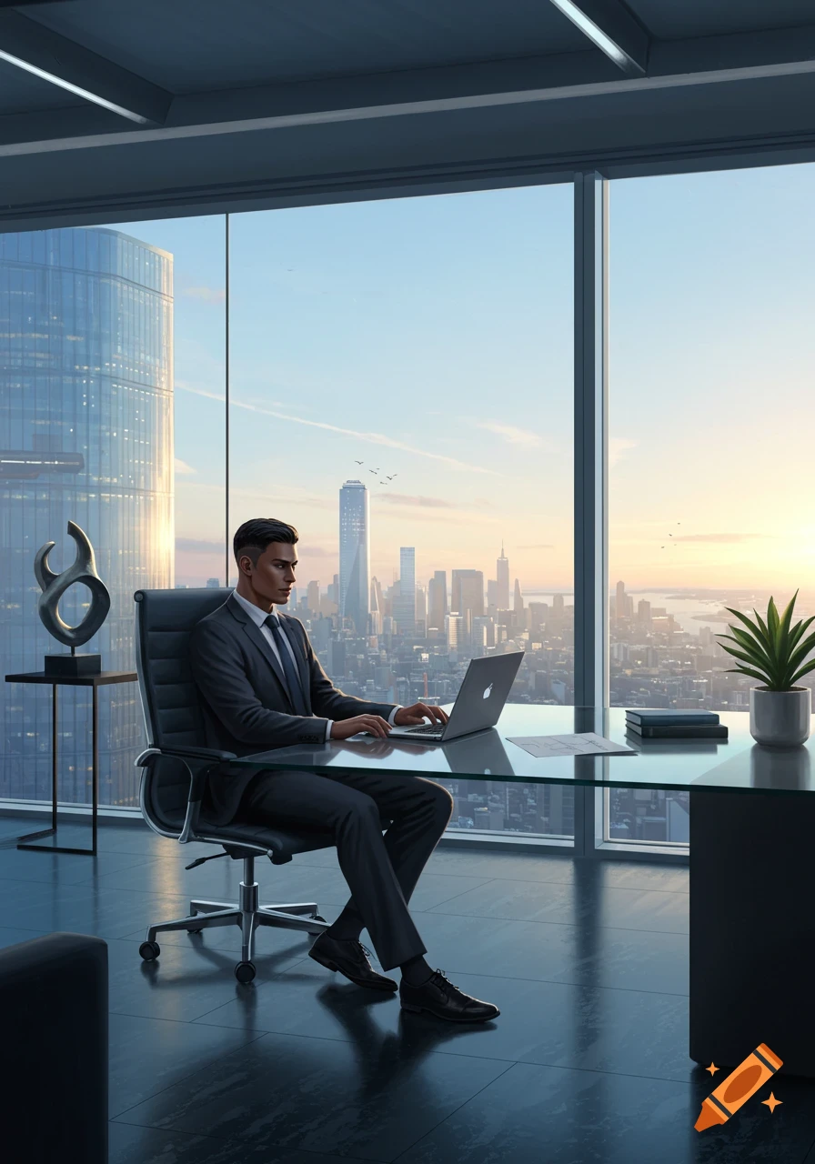 A man in a suit works on a laptop in a modern office, with a city skyline visible through large windows at sunset.