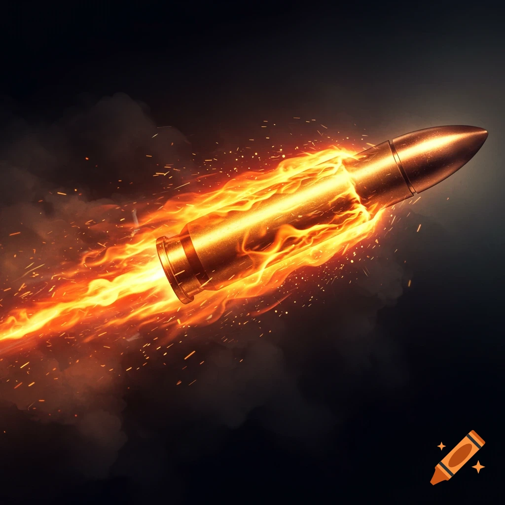 A golden bullet flies through the air, leaving a trail of bright orange flames and smoke against a dark background.