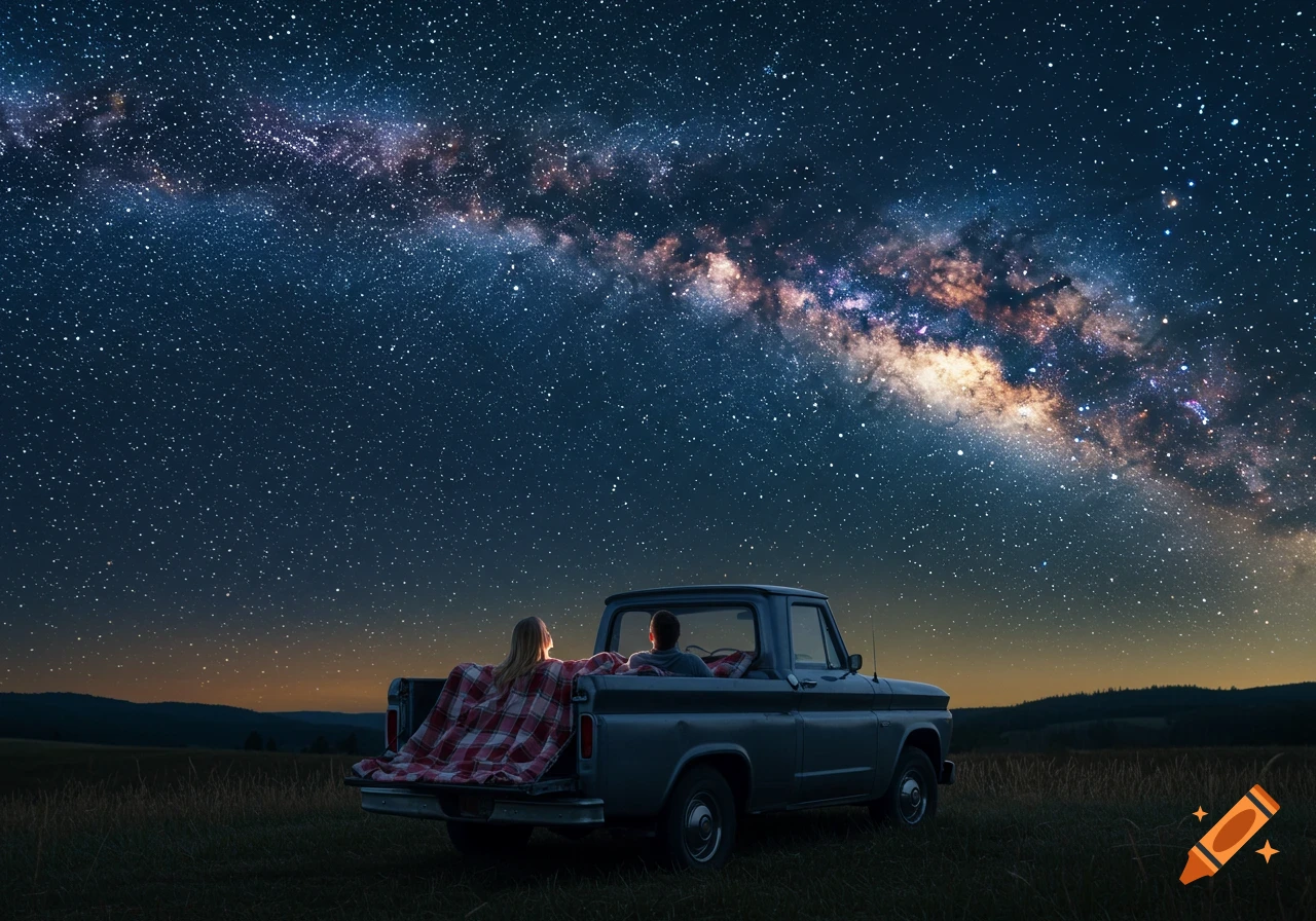 Photorealistic painting of a man and woman stargazing from the bed of a pickup truck under a starry night sky with the Milky Way.