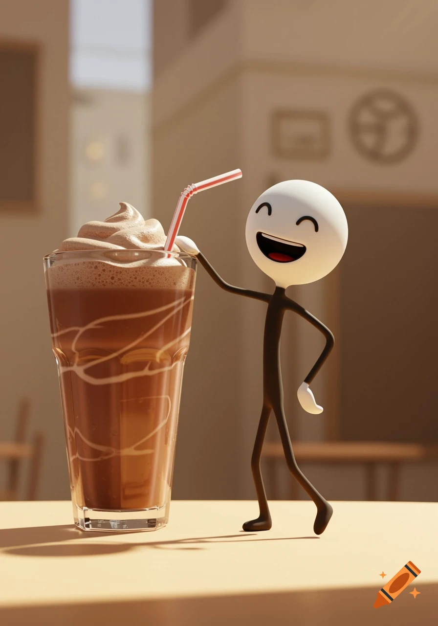 A happy 3D cartoon stickman stands next to a tall glass of chocolate milkshake with whipped cream and a red and white straw.
