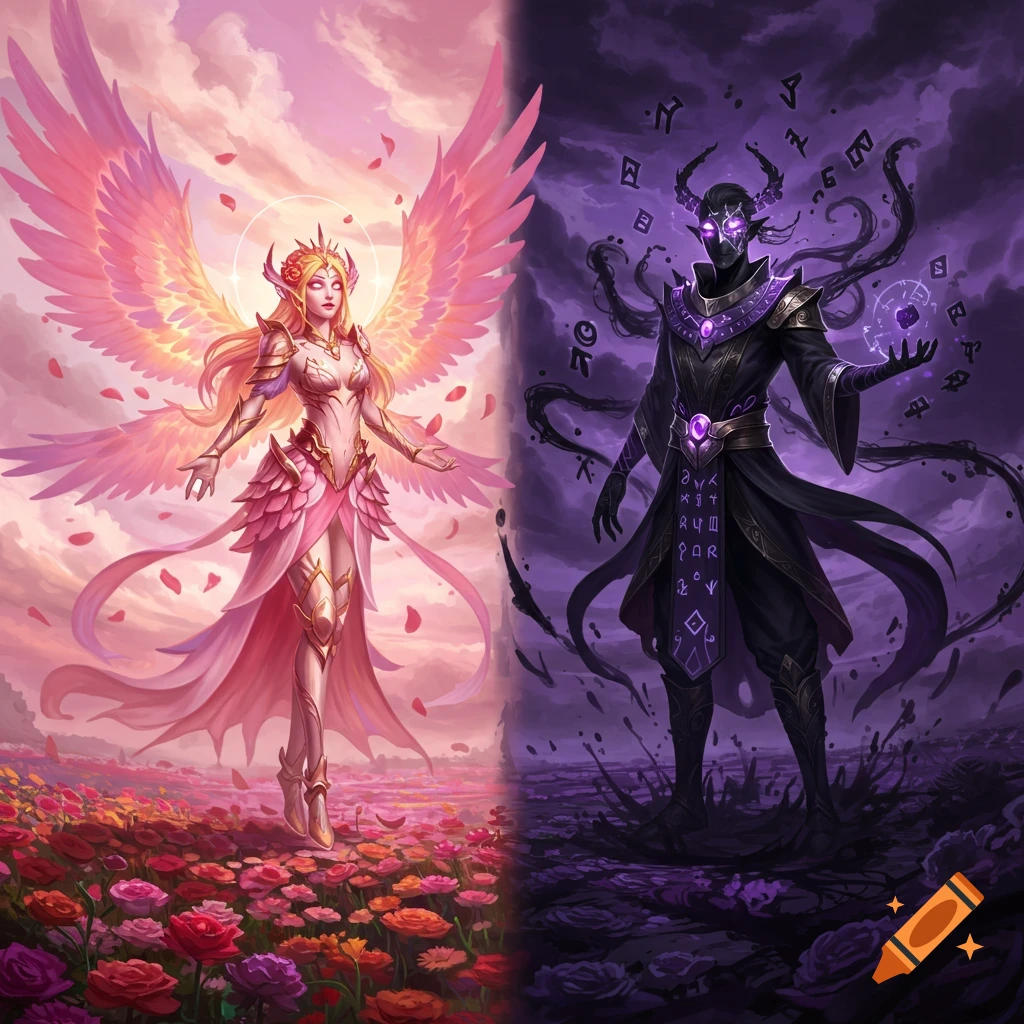 A split image depicts a radiant angel with pink wings in a rose field and a dark, masked figure with violet runes in a dark landscape.