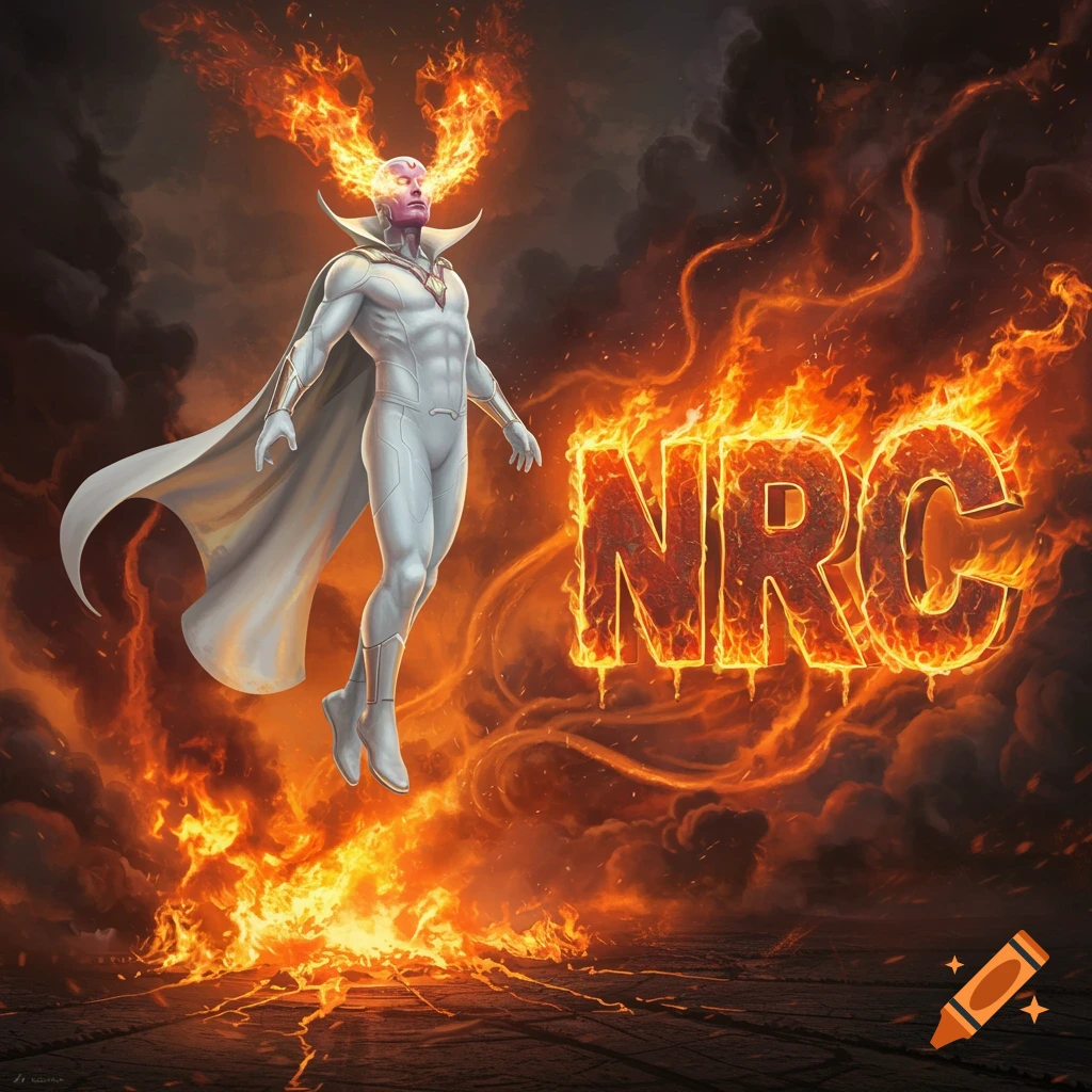 Marvel's White Vision superhero floats amidst flames with fiery NRC letters.