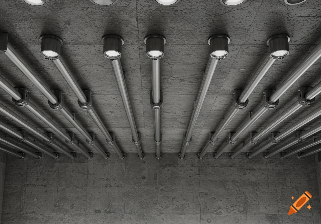 Underneath view of a concrete ceiling with multiple parallel metal pipes and circular recessed lights.