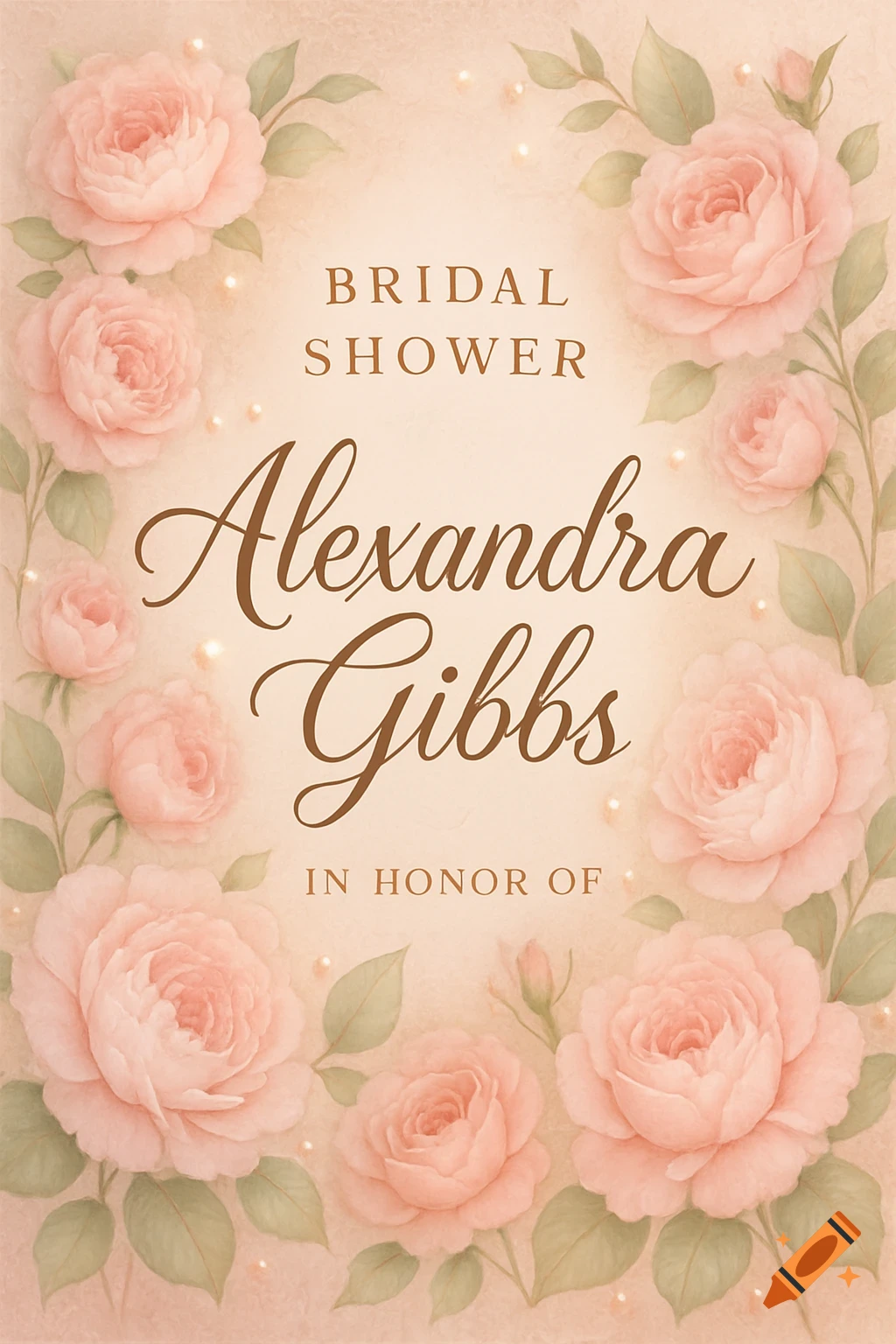 A pink and beige watercolor bridal shower poster with a border of pink roses and green leaves. Text reads 'BRIDAL SHOWER Alexandra Gibbs IN HONOR OF'.