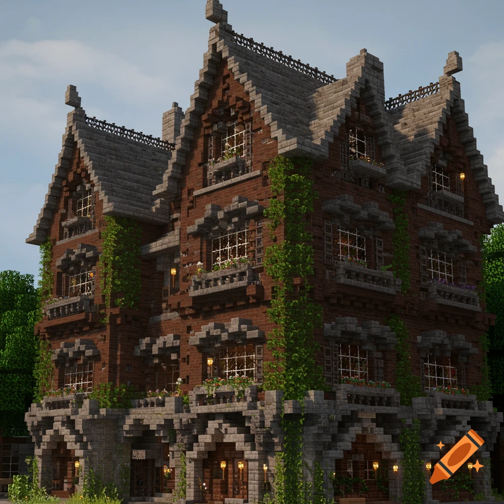 A Minecraft-style Victorian-era French-inspired townhouse made of dark brick and stone, with green vines covering parts of its facade.