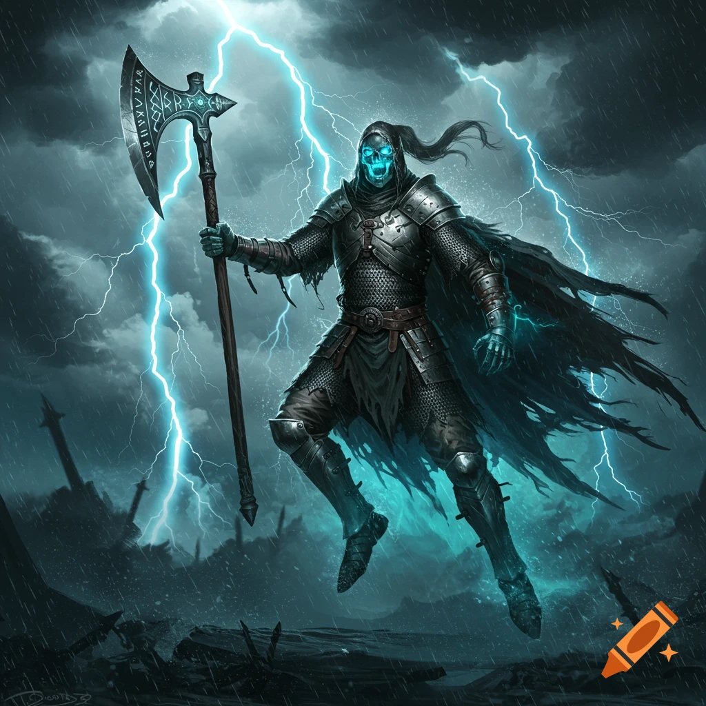 A skeletal warrior with glowing blue eyes, holding a large axe, floats amidst bright lightning and a stormy, rainy sky.