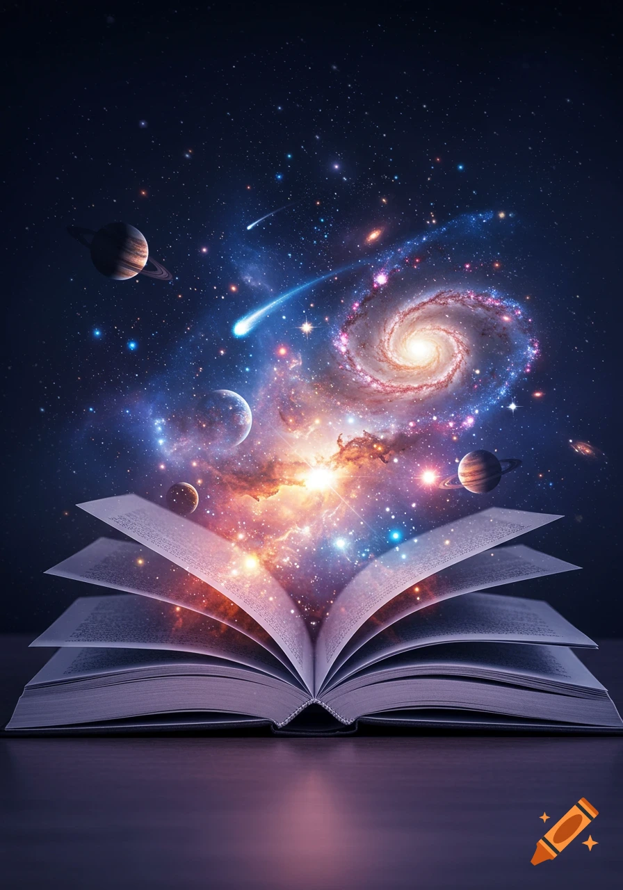 Open book with a vibrant galaxy, planets, and stars emerging from its pages into a dark cosmic background.