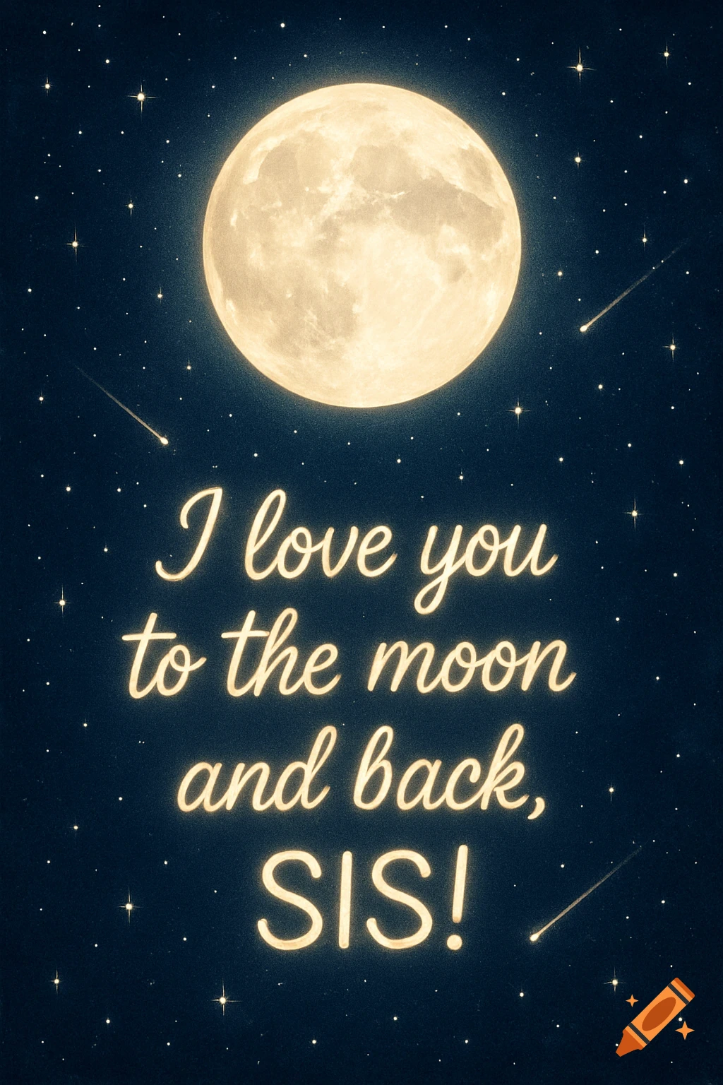 A glowing full moon in a dark starry sky with shooting stars and the text 'I love you to the moon and back, SIS!'.