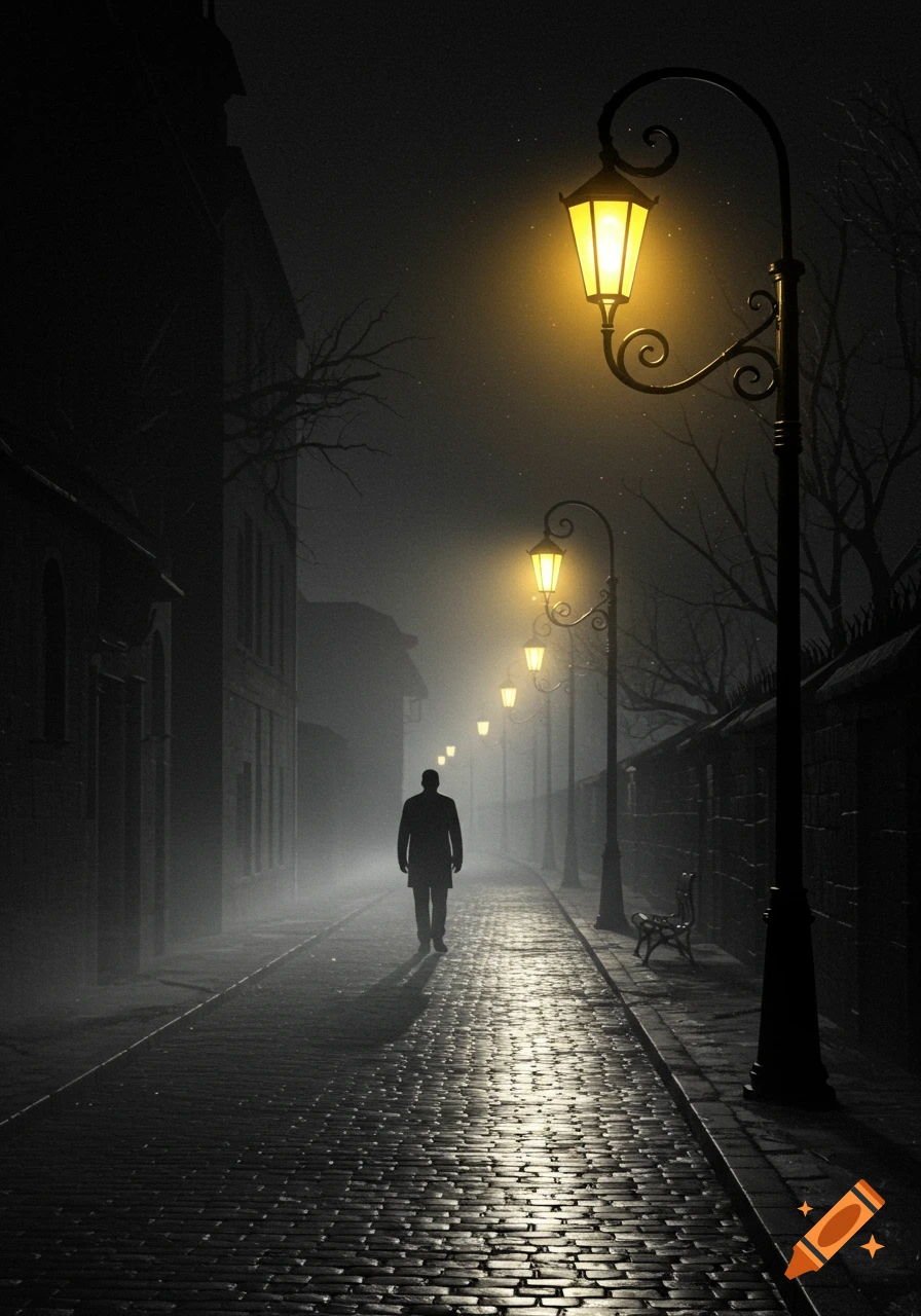 A lone man walks down a misty, cobblestone street at night, illuminated by glowing yellow street lamps.