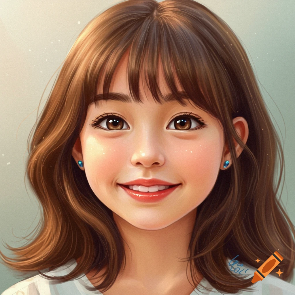 An illustrated headshot of a smiling young girl with brown hair and brown eyes, wearing blue earrings.