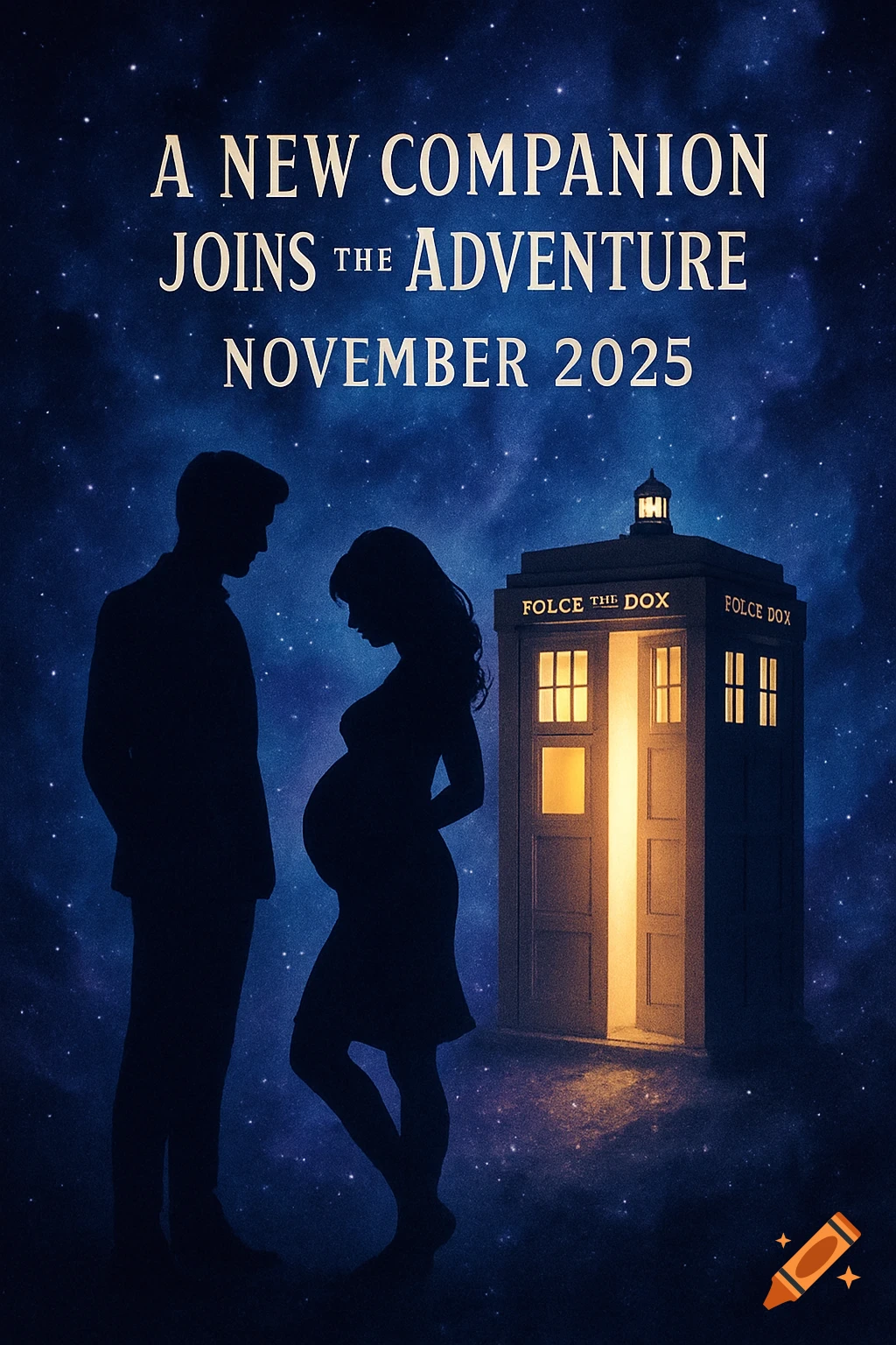 A silhouette of a man and a pregnant woman stand beside a glowing TARDIS under a starry night sky. Text reads: "A NEW COMPANION JOINS THE ADVENTURE NOVEMBER 2025".