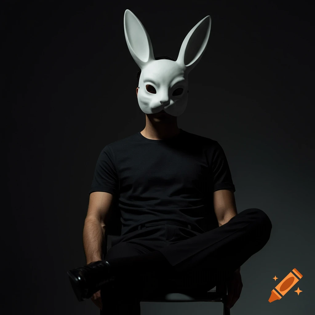 A man wearing a white bunny mask and all black clothing sits in a chair against a dark background, lit by dramatic cinematic lighting.