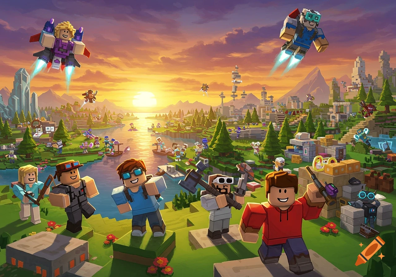 Blocky characters explore a vibrant, expansive world with a river, city, mountains, and sunset. Some fly with jetpacks, others in boats, and some on land holding tools.
