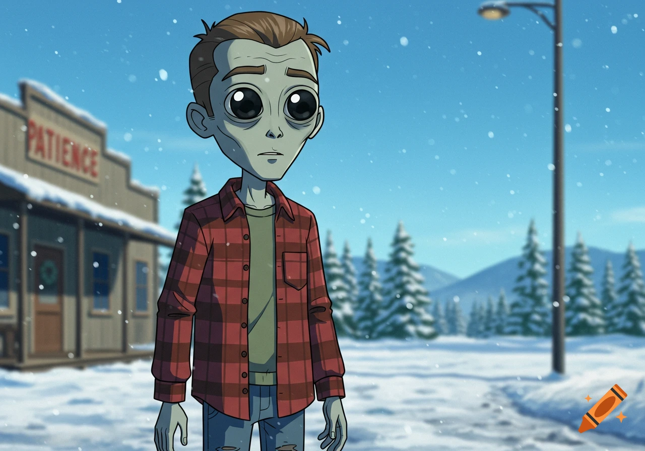 An anime-style alien man with large dark eyes and grey skin, wearing a red plaid shirt, stands in a snowy town with a building labeled "PATIENCE" in the background.
