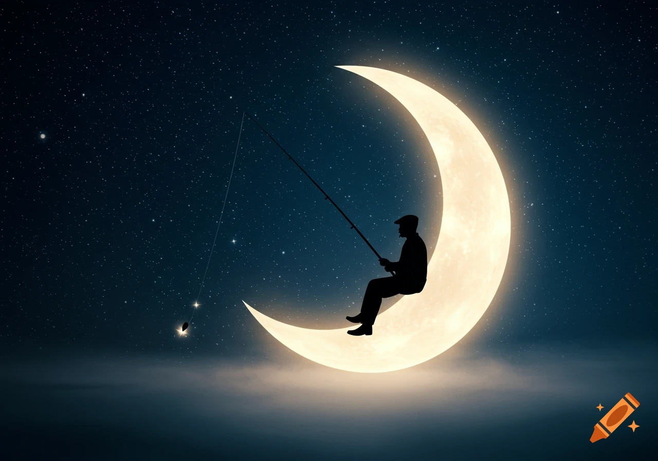 Silhouette of a man fishing off a glowing crescent moon in a starry night sky.