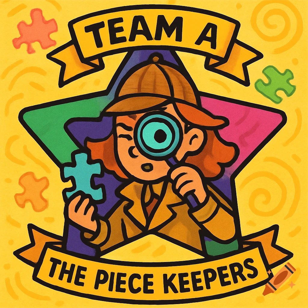 Cartoon illustration of a detective-style character, a woman, in a trench coat and hat, holding a blue puzzle piece and magnifying glass, against a star badge with text 'TEAM A THE PIECE KEEPERS'.