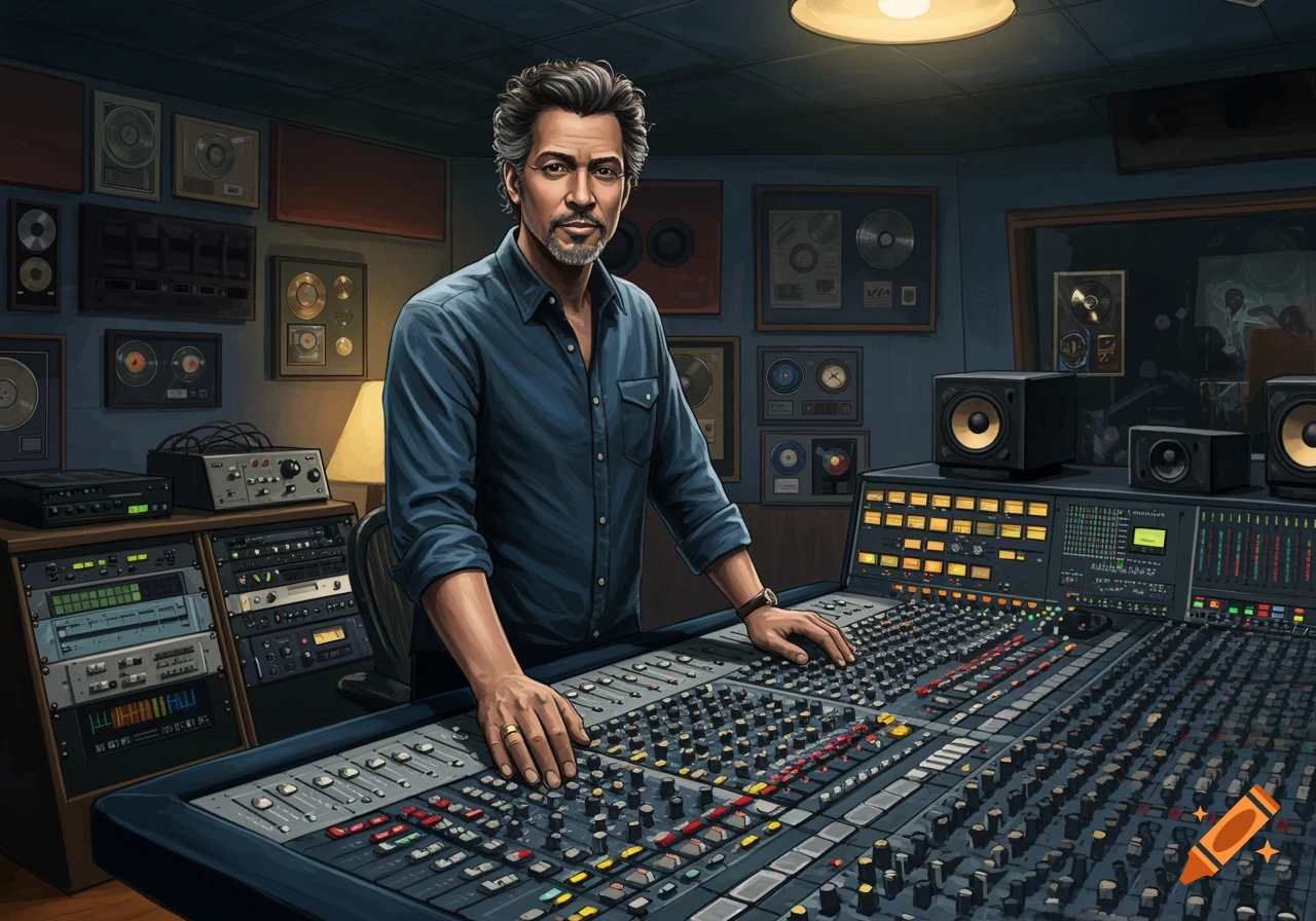 A sound engineer in his 40s stands in a recording studio, hands on a large mixing console, surrounded by audio equipment and framed records.