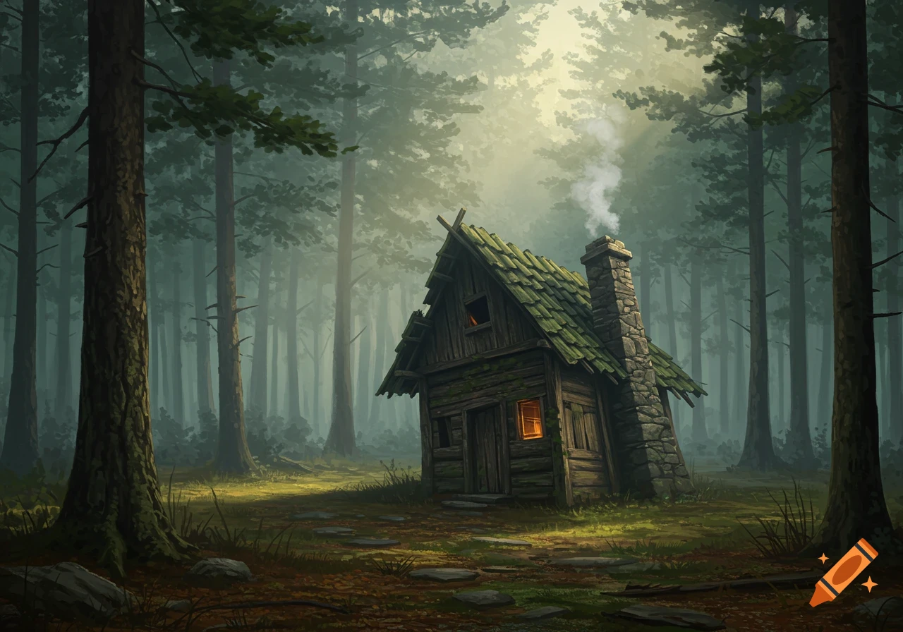 A wooden, moss-roofed cabin with a smoking chimney stands in a misty, sunlit forest. A stone path leads to the door.