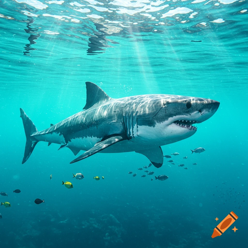 A photorealistic great white shark swims through clear blue ocean water, with sun rays piercing the surface.