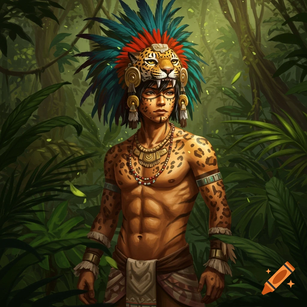 A Mayan god with jaguar spots and a feathered jaguar headdress stands in a lush jungle.