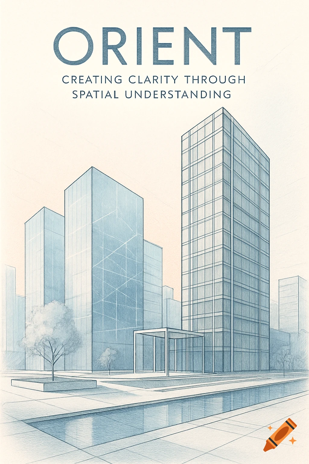 Line art illustration of modern city buildings with a water feature and trees, titled "ORIENT" and subtitled "CREATING CLARITY THROUGH SPATIAL UNDERSTANDING".