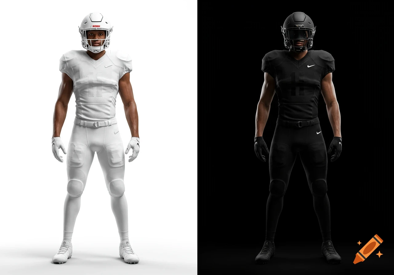 A white American football player stands on a white background next to an identical black American football player on a black background.