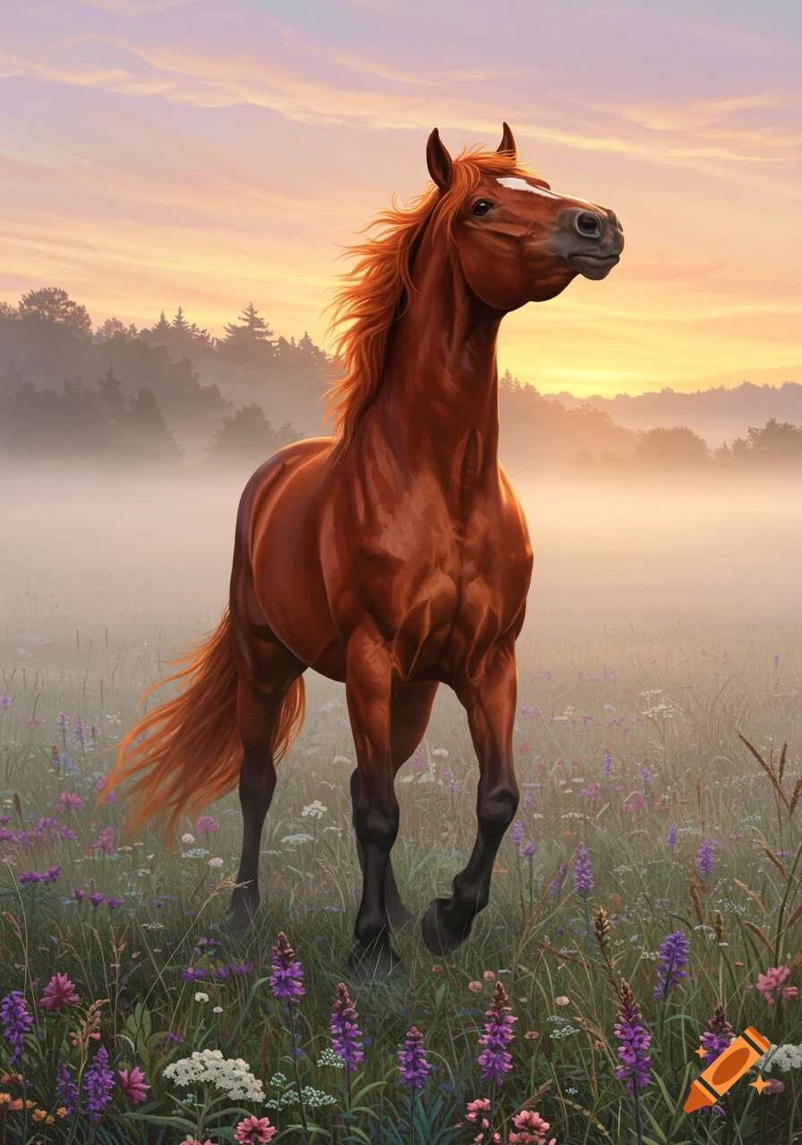A brown horse with a fiery mane stands gracefully in a misty, wildflower-filled field at sunrise.