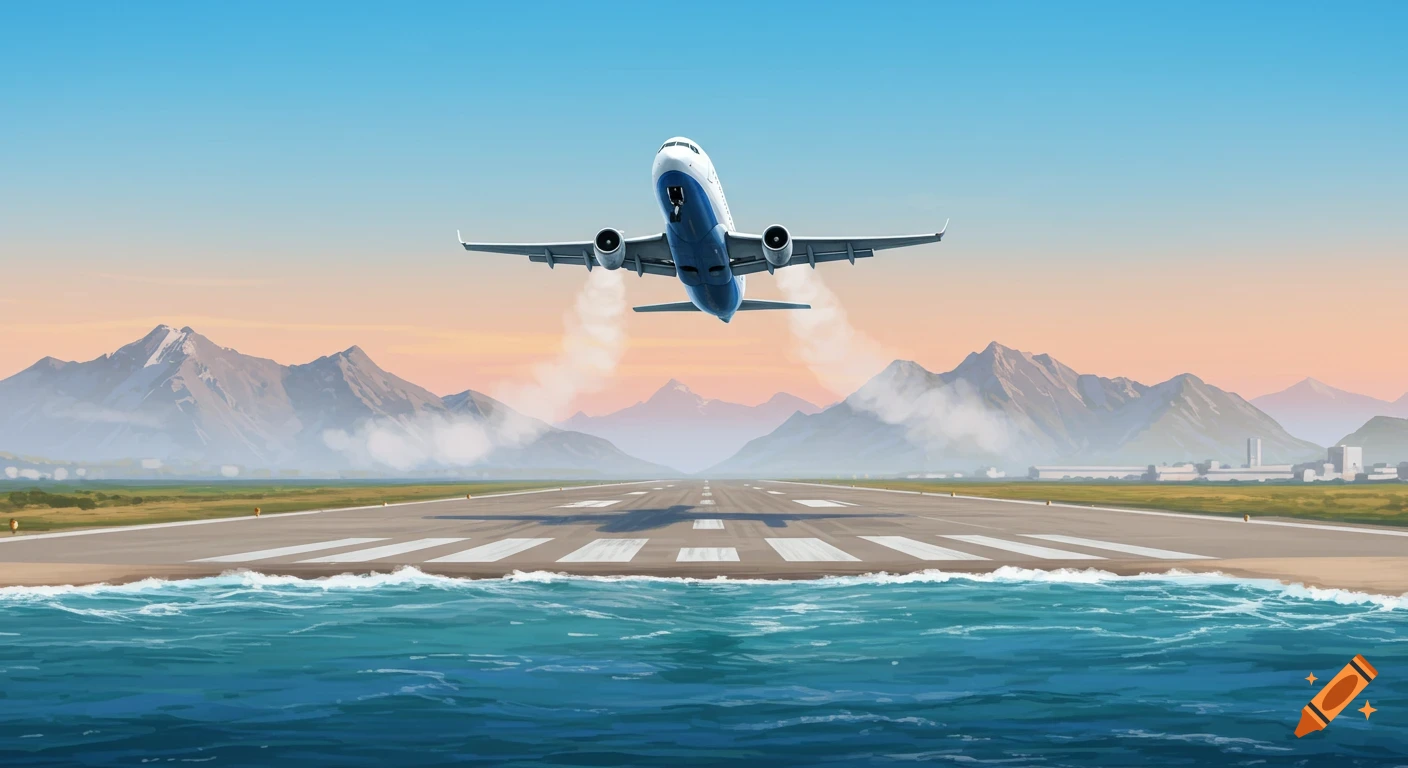 Illustrated white and blue aircraft taking off from an airport runway with an ocean in the foreground and mountains in the background.