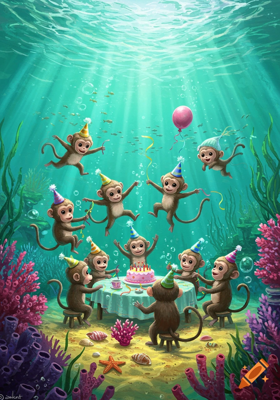 Colorful illustration of adorable monkeys having an underwater birthday party with a cake and balloons.