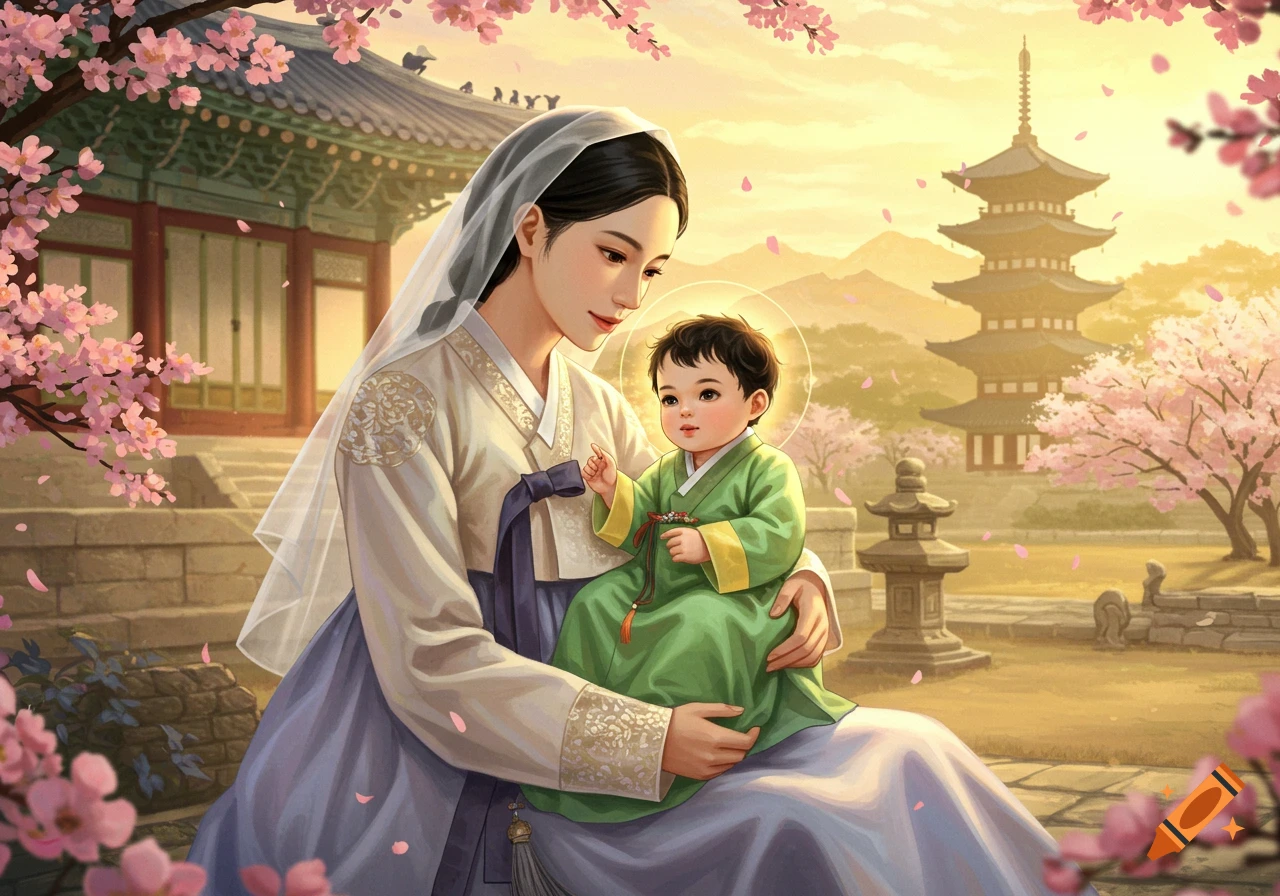 A painting of a woman in Korean hanbok holding a baby with a halo, surrounded by cherry blossoms and traditional Korean architecture at sunset.