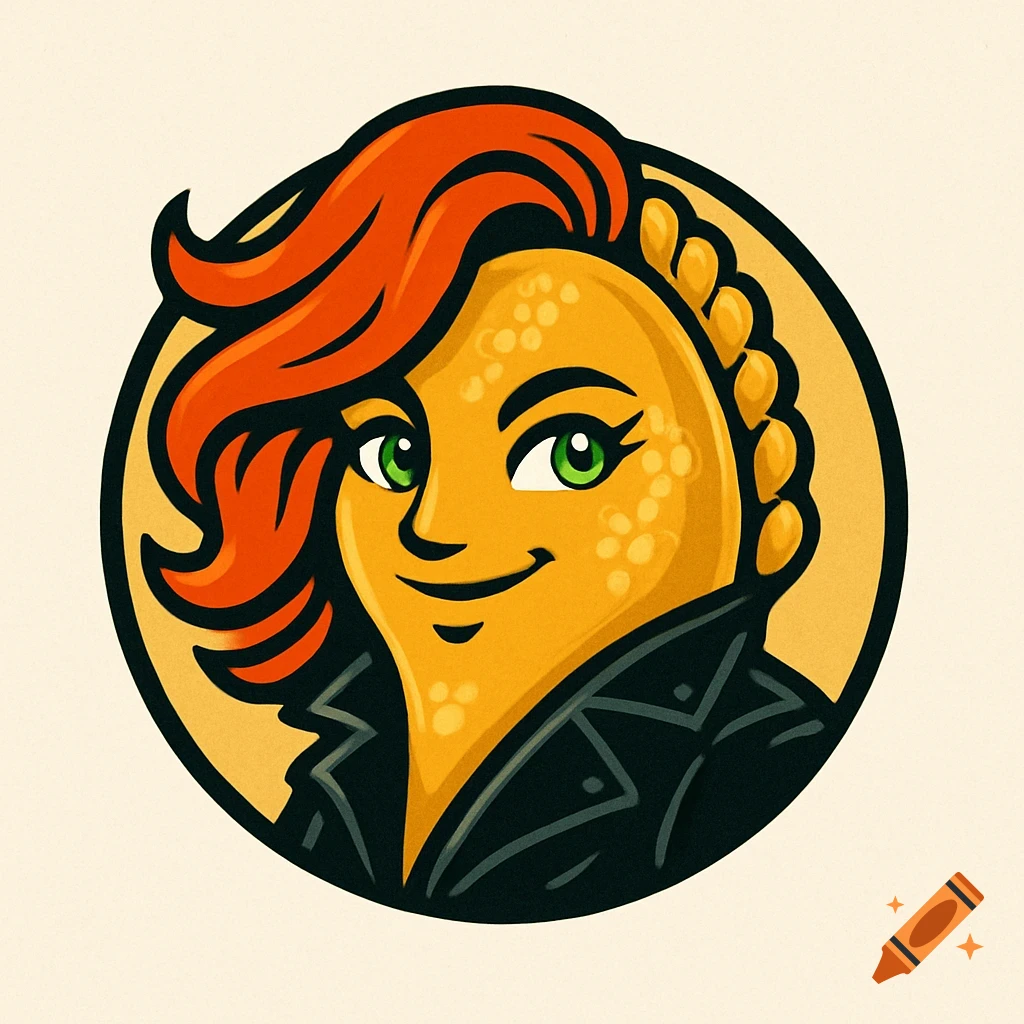 Cartoon logo of an empanada character with green eyes, orange hair, and a black leather jacket.