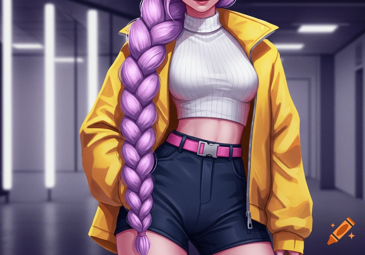A pale anime girl with a long purple braid, white crop top, yellow jacket, pink belt, and dark navy shorts.
