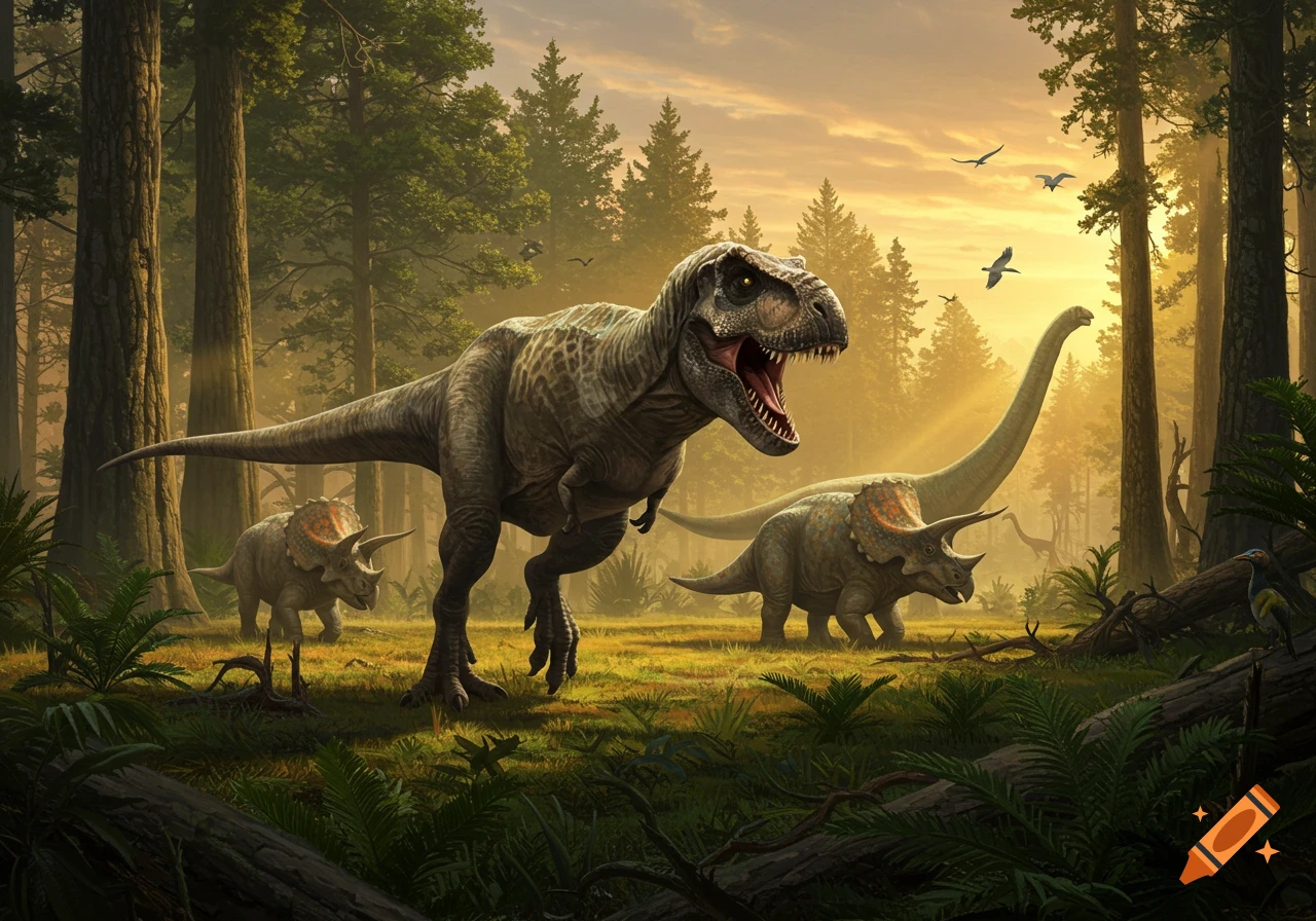 A Tyrannosaurus Rex roars in a lush prehistoric forest, with Triceratops and a long-necked dinosaur nearby under a golden sky.
