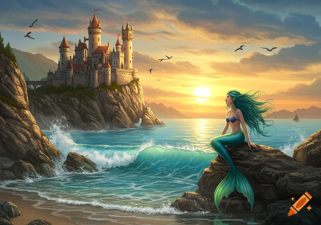 A mermaid with green hair sits on a rock at sunset, looking towards a castle on a cliff by the sea. Digital art.