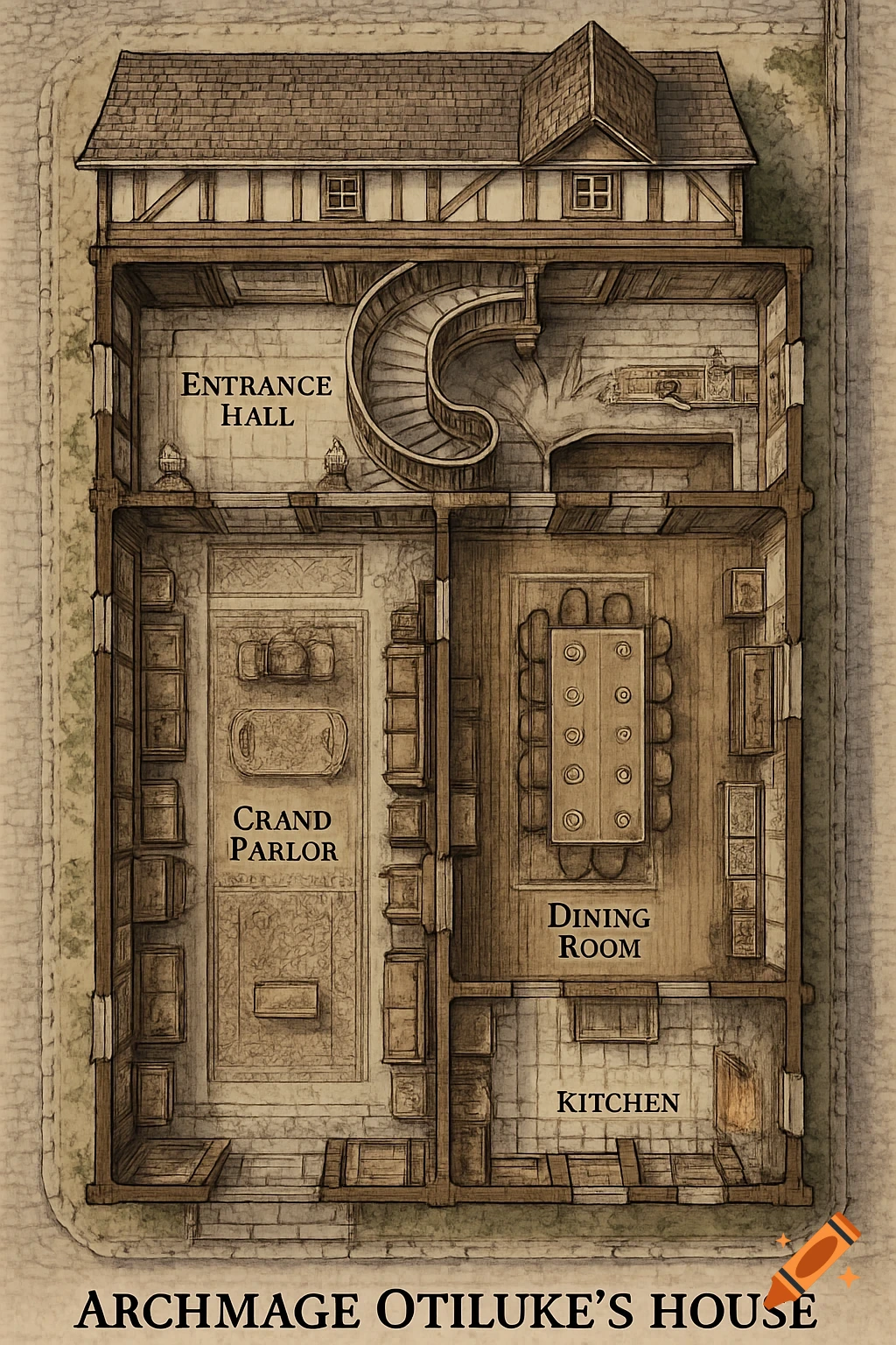 Detailed, vintage-style overhead floorplan of Archmage Otiluke's house, showing an entrance hall, grand parlor, dining room, and kitchen.