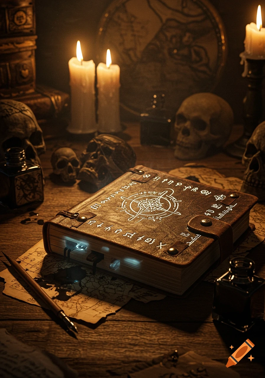 A leather-bound magical book with glowing runes, surrounded by skulls, lit candles, and old maps on a wooden table.