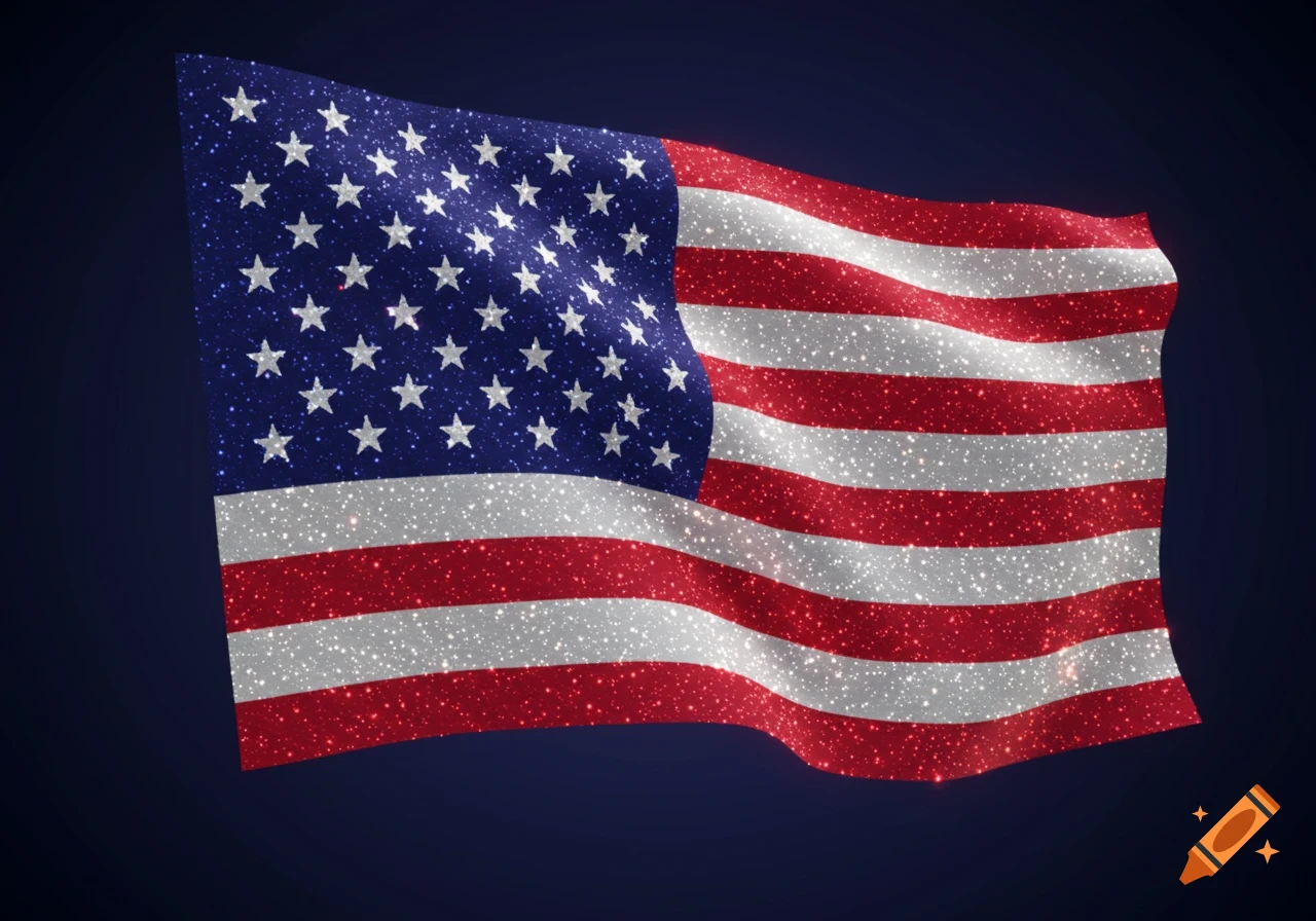 A vibrant, sparkly American flag waves against a dark blue background.