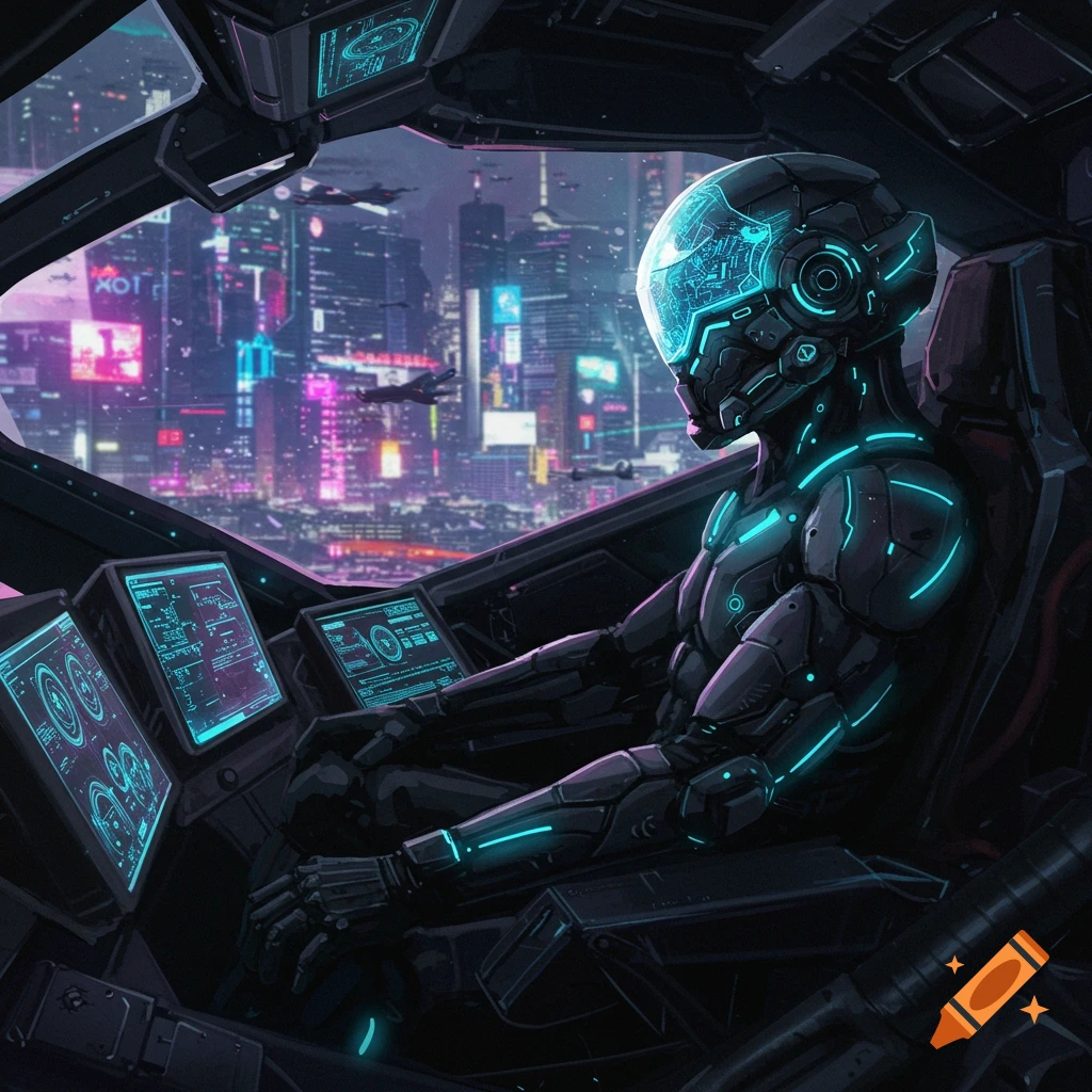 A futuristic robot pilot in a cockpit looks out at a vibrant neon cyberpunk city at night with flying vehicles.